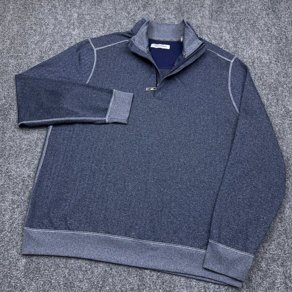 Tommy Bahama 1/4 Zip Pullover Men's Medium Blue Herringbone Stretch Golf Preppy